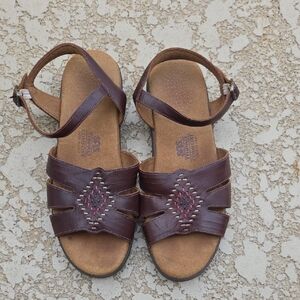 SAS Brown Leather Women’s Ankle-Strap Sandals with Woven Accent